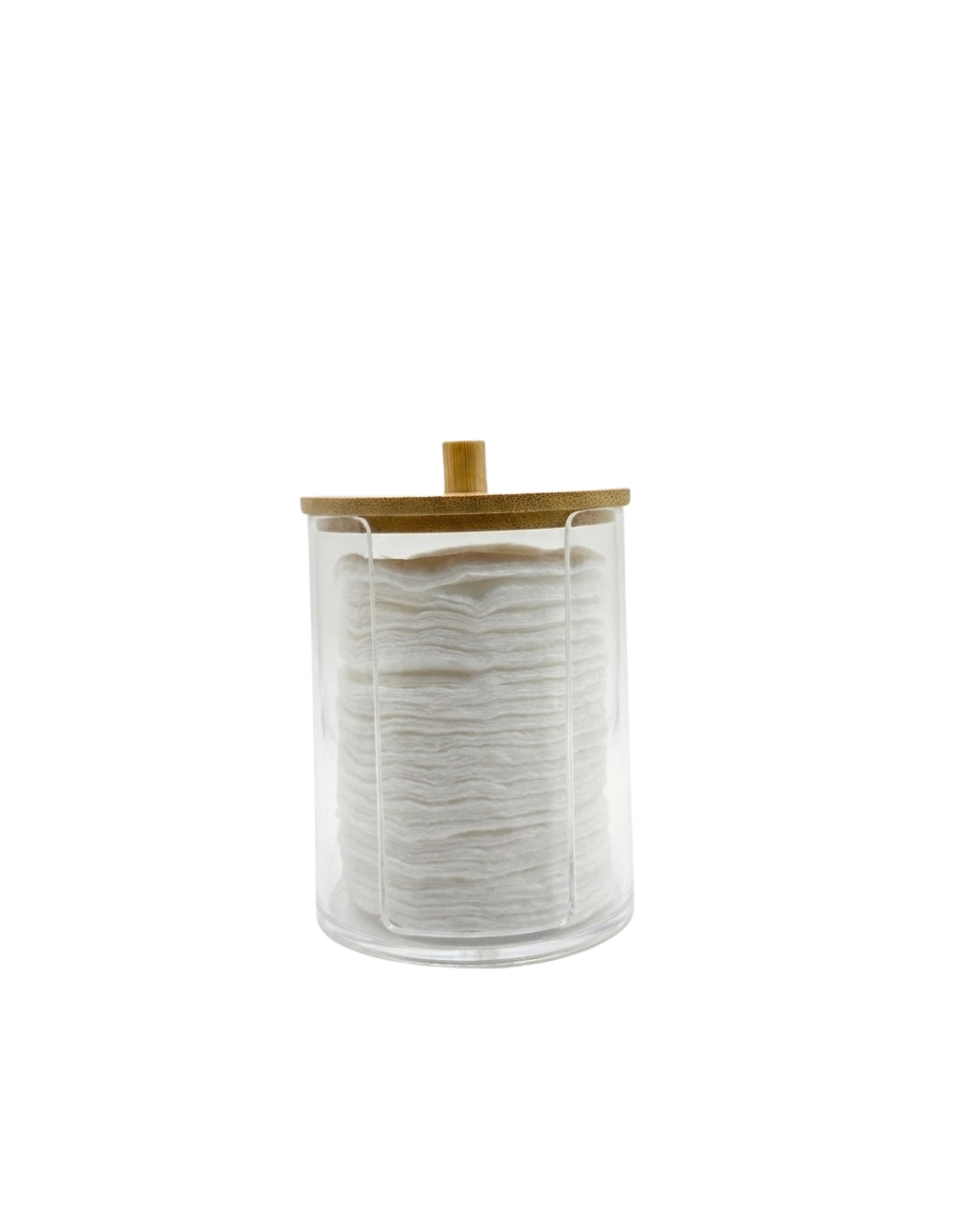 Boîte transparente pour cotons démaquillants avec couvercle en bois