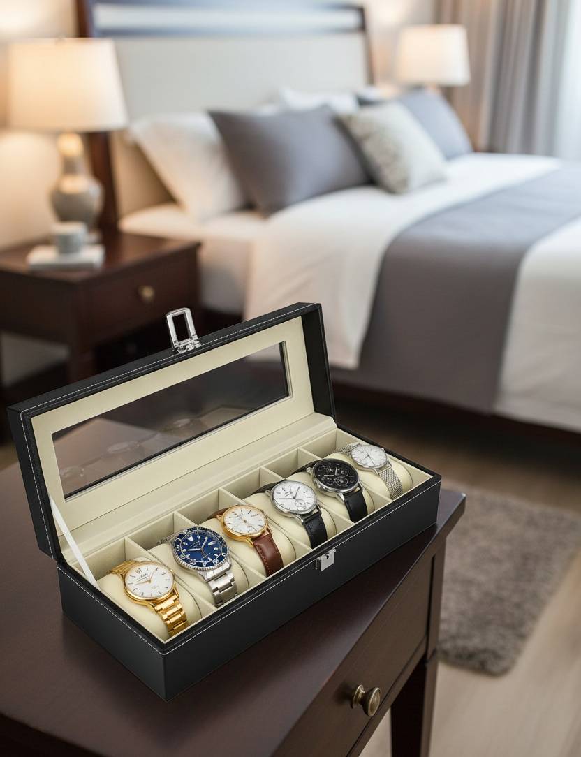 Boîte à Montres 6 Compartiments avec Couvercle Transparent