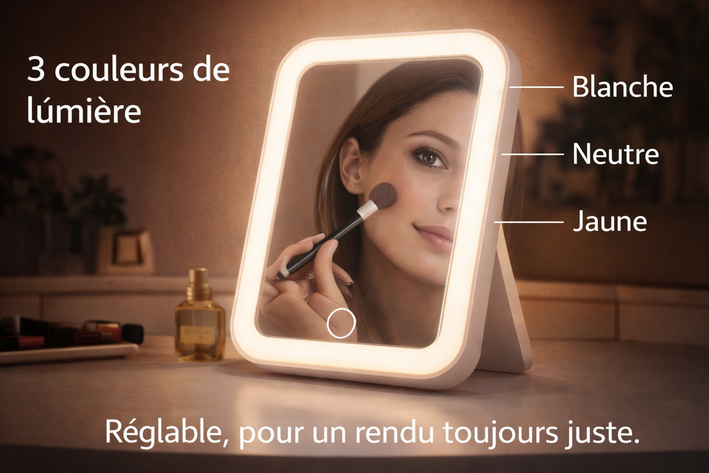 Miroir de maquillage LED tactile – 3 couleurs de lumière