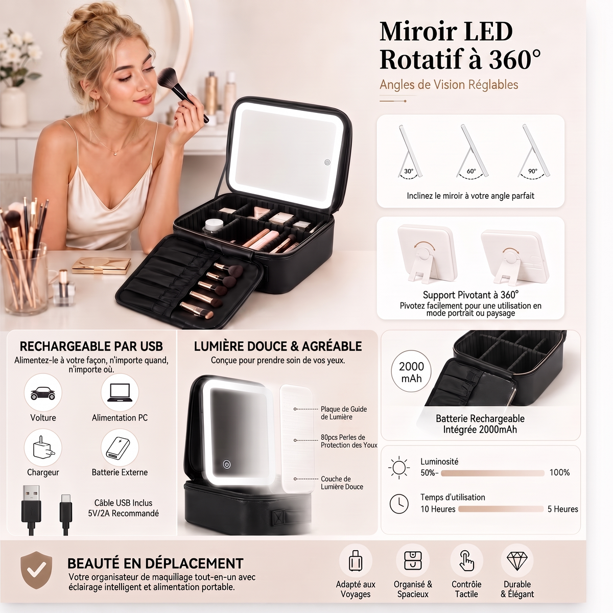 Trousse Maquillage avec Miroir LED